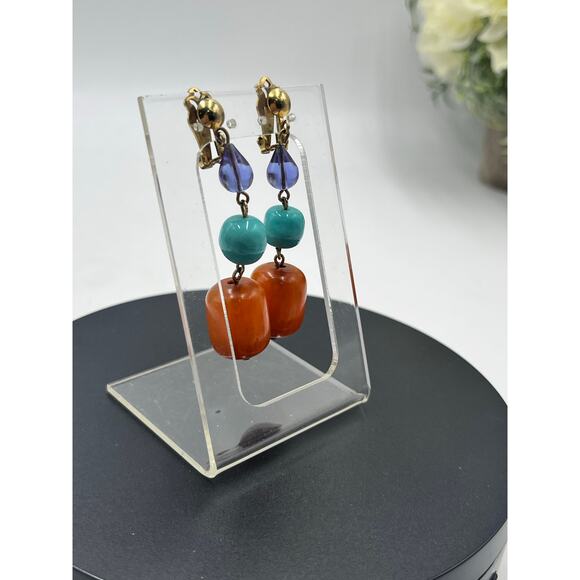 Vintage Butterscotch Egg Yolk Bakelite Blue Purple Glass Dangle Earrings - Picture 2 of 7